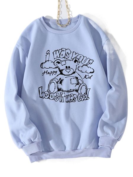 

bear & slogan graphic thermal pullover 41zn#, Black