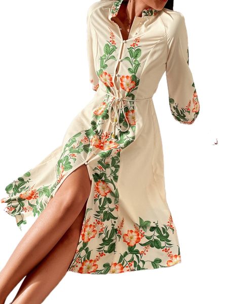 

floral print lantern sleeve belted dress m778#, Black;gray