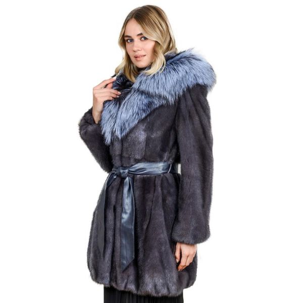 Женский меховой искусственный натуральный пальто голубой цвет с большой шляпой для женских поясных поясных жирных зимних перекрываний