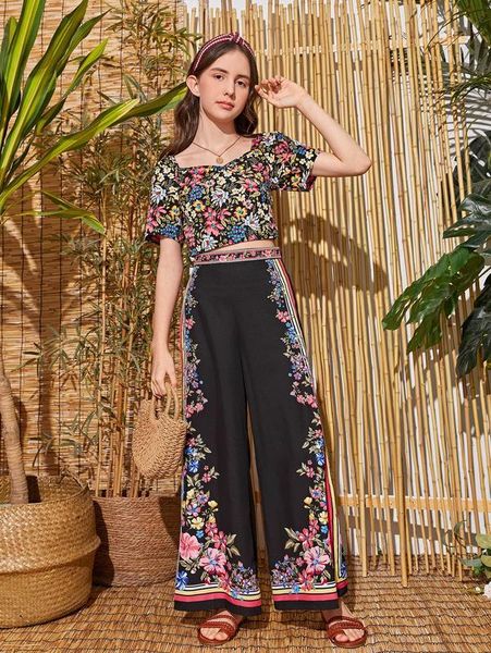 

teen girls sweetheart neck floral and pants set she, White