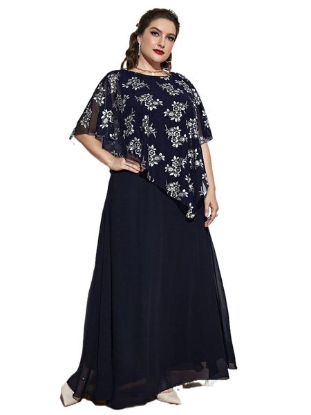 

plus floral print batwing sleeve overlay dress z5h3#, Black