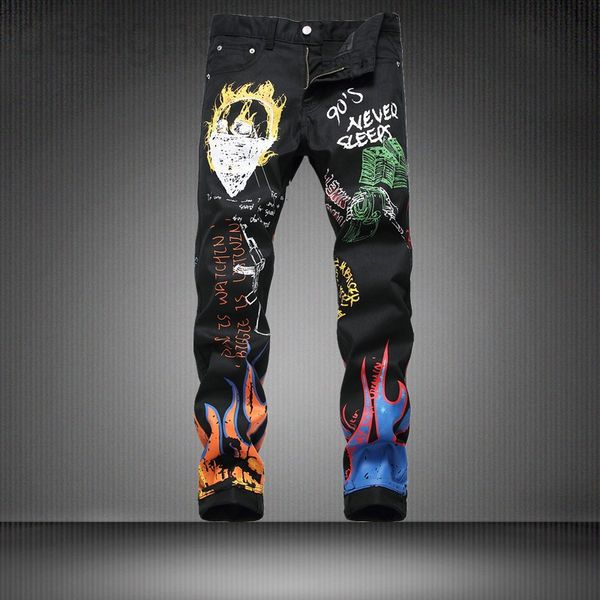 

men's jeans designer graffiti printed jeans men's trousers performance leisure personality nightclub summer stage four seasons pan, Blue