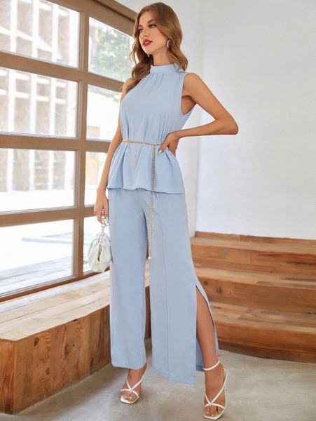 

belted sleeveless blouse with split pants g2f5#, White