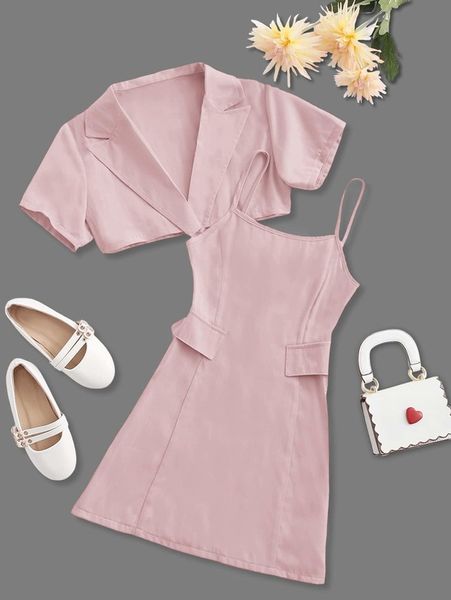 

girls lapel neck & flap detail cami dress she, White