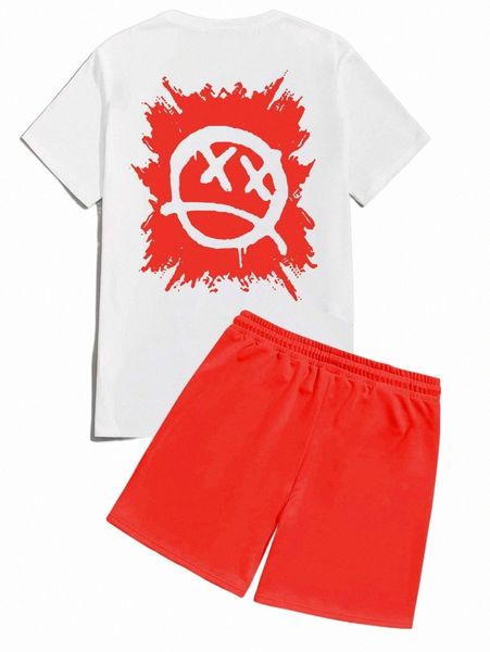 

men slogan & expression print tee & drawstring waist shorts w0vo#, Gray