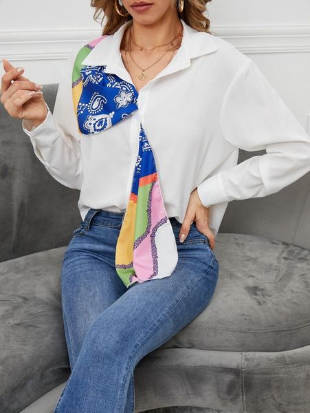 

paisley & floral print draped front drop shoulder blouse k1mu#, White