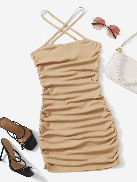 

ruched detail cross halter dress v3cg#, Black;gray