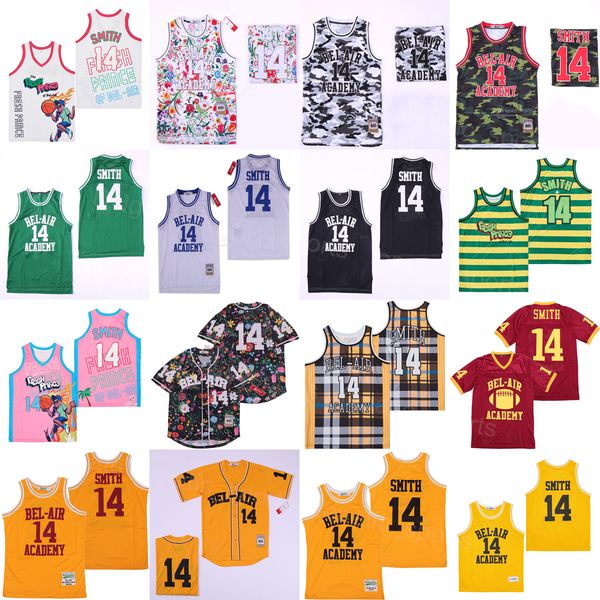 Film Film 14 Will Smith Basketball Jersey Jazzy The Fresh Prince Uniform Jeff VAN BEL-AIR GRAFFITI VERJAARDAG BELAIR Zwart Wit Geel Rood Groen Roze Alle stiksels