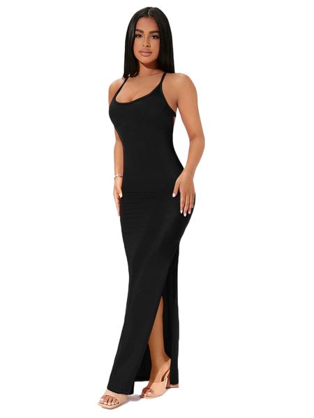 

petite solid crisscross tie backless split thigh dress z3b2#, Black;gray