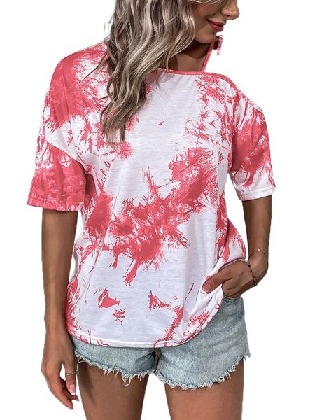

tie dye asymmetrical neck tee r767#, White