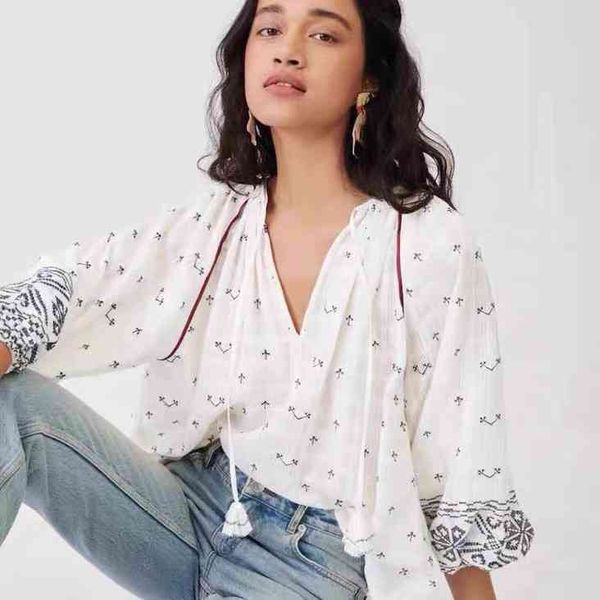 

women's polos fadan mj spring and summer bohemian national style embroidered lantern sleeve leisure vacation sunscreen shirt, White