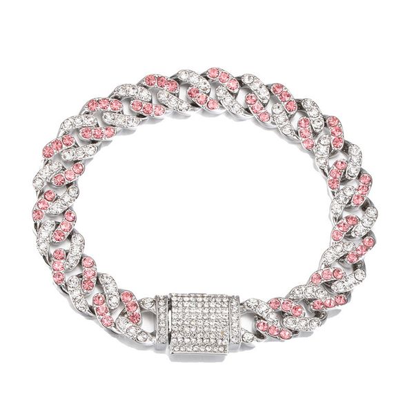 

men's 11mm wide pink diamond cuban bracelet hip hop fashion accsori, Golden;silver