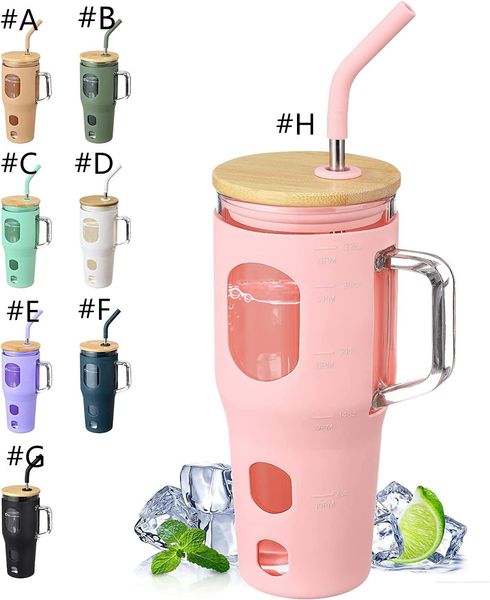 

40oz Glass tumbler with handle lid straw big capacity beer mugs water bottle outdoor camping cup drinking tumblers A0066, Pink