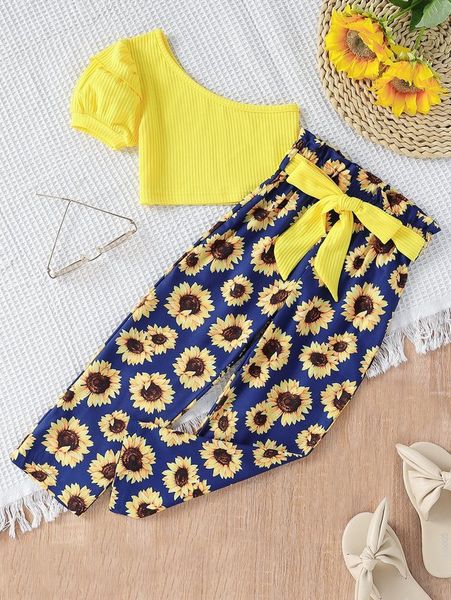 

toddler girls one shoulder crop & floral print belted pants she, White