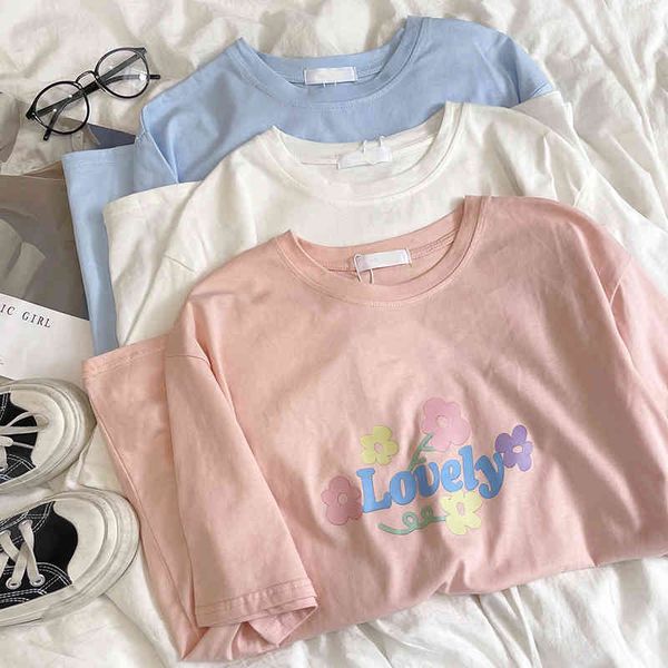 

women's t-shirt 2022 cute soft girl milk blue fresh floret comfortable fine cotton loose age reducing versatile short sleeve t-shirt kz, White