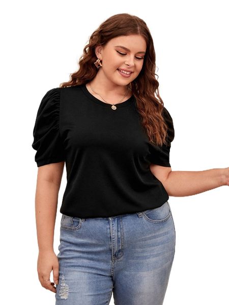 

plus solid puff sleeve tee w6hx#, Black