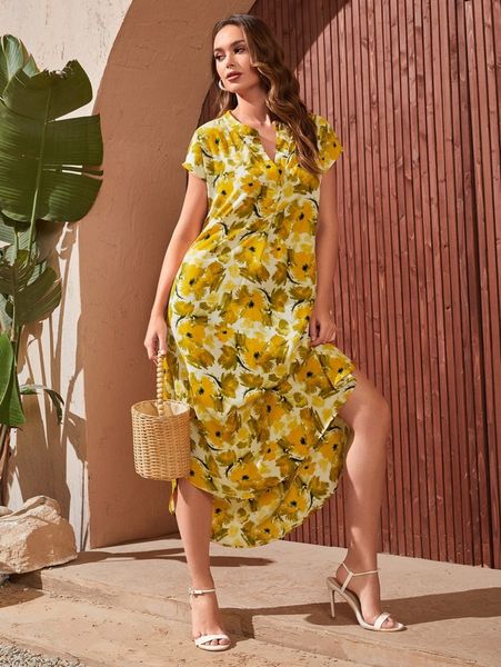 

notched neck curved hem floral dress i4rc#, Black;gray