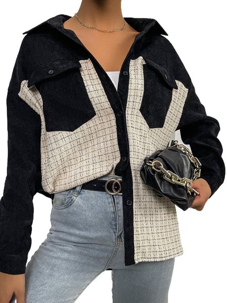 

plaid flap pocket drop shoulder coat v7uk#, Black