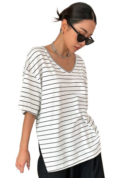 

dazy striped split hem drop shoulder tee 51e3#, White