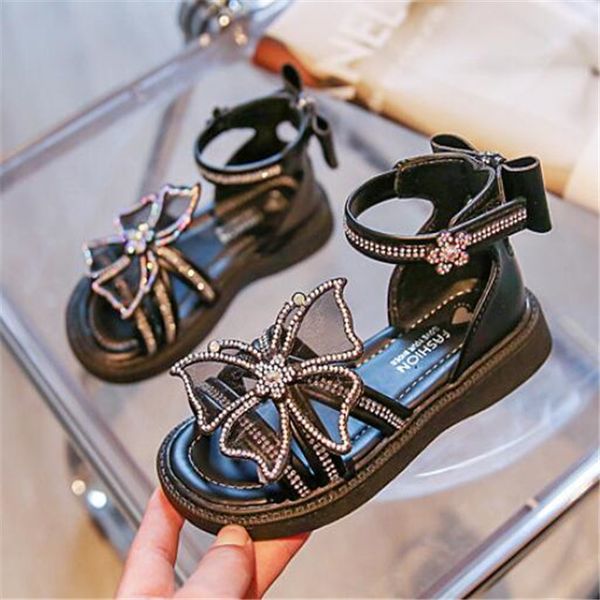 

New Style Children Girl Sandals Bow Rhinestone Princess Shoe Soft -bottom Toddler Baby Open Toe Sandal Summer Kids shoes Slipper Beach Slides, Black