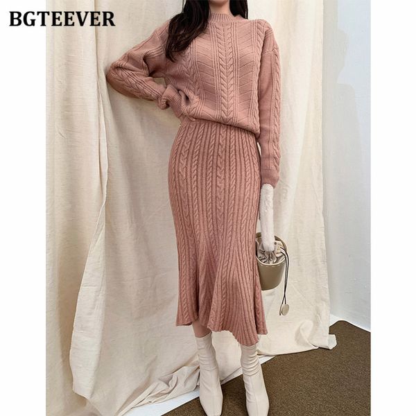 

elegant women knitted 2 pieces set o-neck twisted pullovers &amp ladies a-line skirt 2022 autumn winter sweater set female, White;black