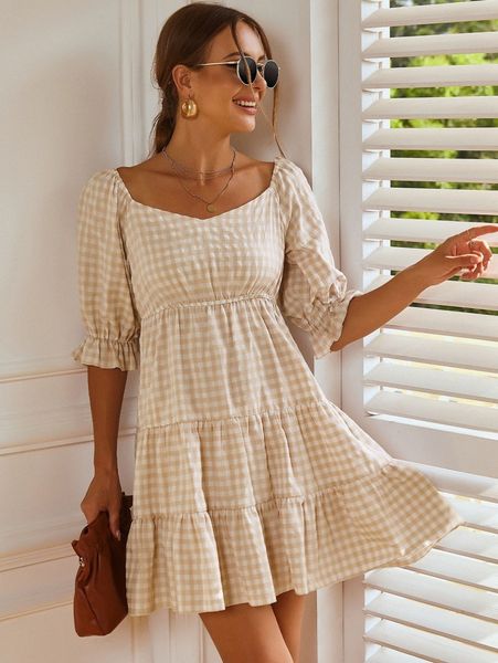

sweetheart neck gingham print dress a2xo#, Black;gray