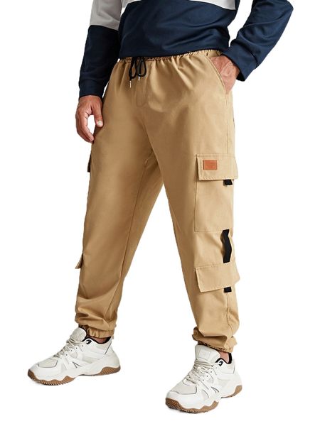 

extended sizes men letter patched drawstring cargo pants x5xx#, Black