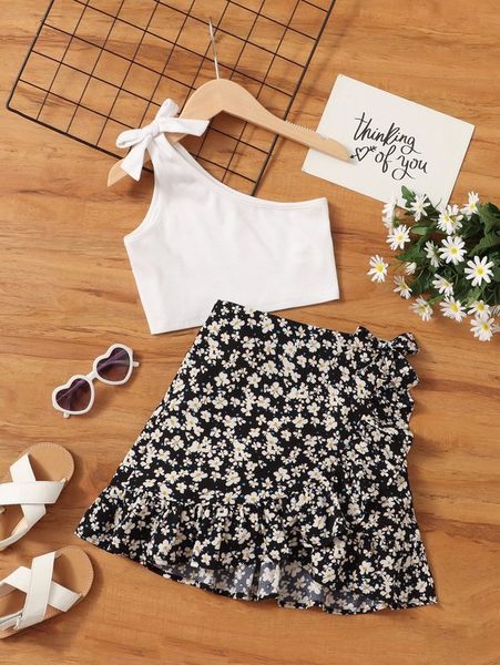 

girls one shoulder & ditsy floral print ruffle trim wrap skirt she, White