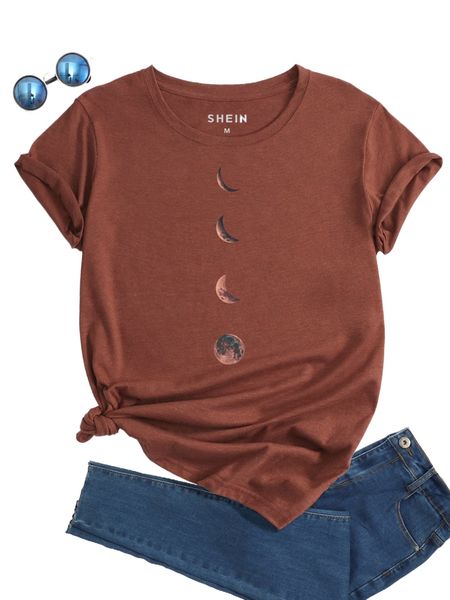 

moon print short sleeve tee u8bh#, White