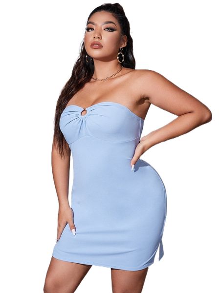 

plus o-ring detail backless slit hem tube bodycon dress f07j#, Black