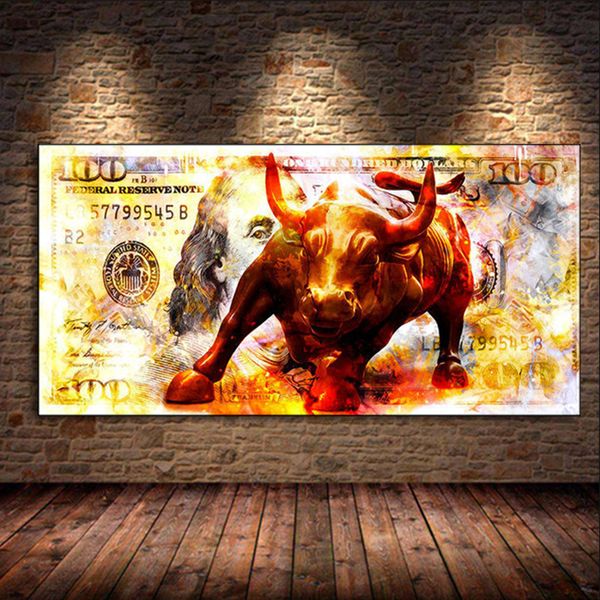 Angry Cow Money Bull Bear Abstract Animal Dollares Dollares Pintura Posters Imprima Arte da parede Picture Room Decoração de casa Cuadros