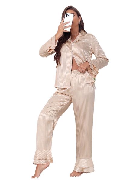 

vertical striped flounce sleeve satin pj set b81d#, Black;red