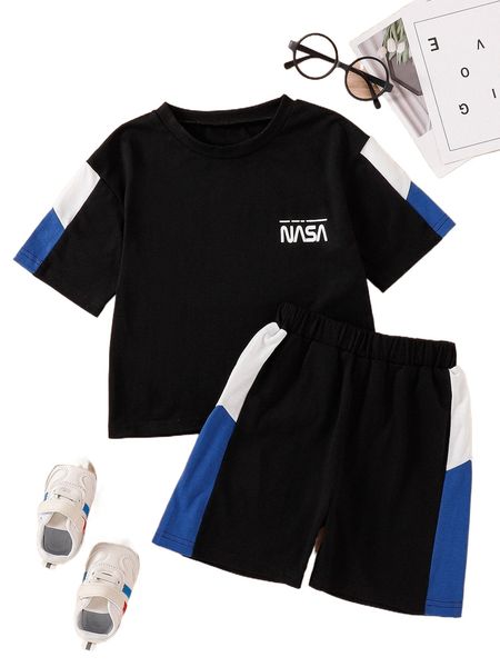 

toddler boys letter graphic tee & contrast side seam shorts 39wq#, Black;white