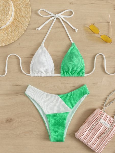 

color block textured bikini swimsuit f4ej#, White;black