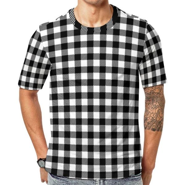 Herren-T-Shirts, Retro-Schachbrett-T-Shirt, schwarz-weiß kariertes EMO-O-Ausschnitt, trendiges T-Shirt, Sommer-Herren-Druck-Top, T-Shirts in großen Größen