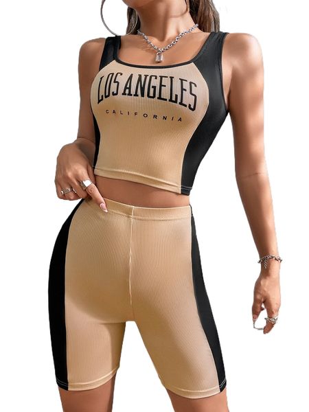 

letter graphic colorblock ribbed knit tank & biker shorts r65z#, White