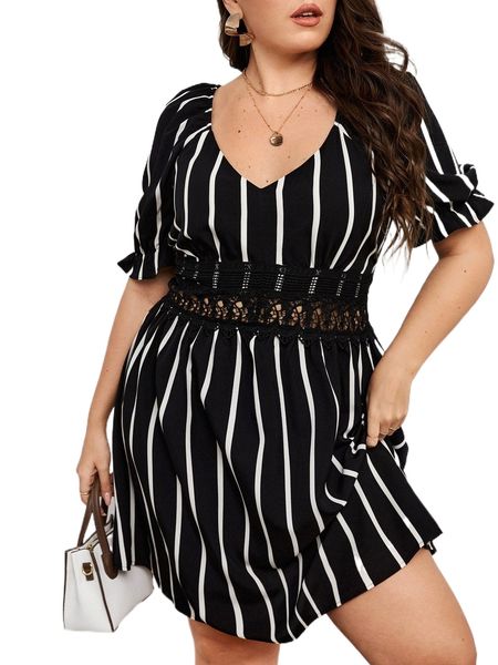 

plus vertical striped guipure lace panel puff sleeve dress z3nd#, Black