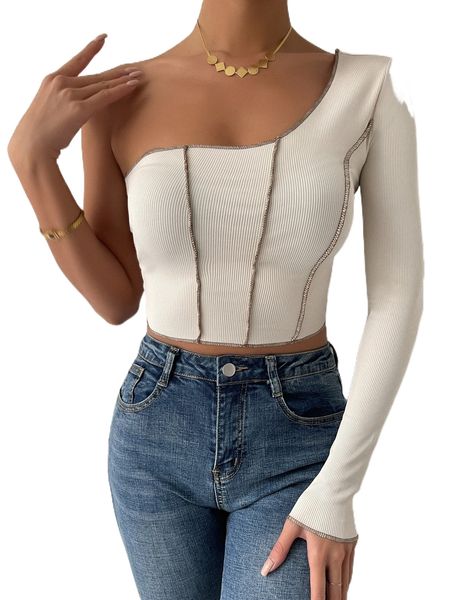 

one shoulder rib knit stitching 26vi#, White
