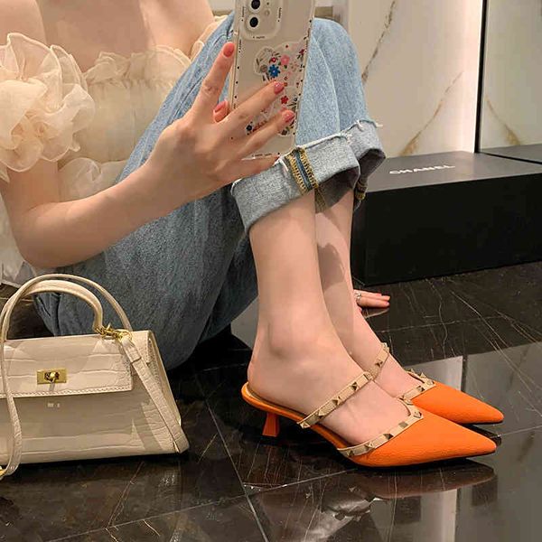 

sandals net red super fire orange baotou slippers women wear thin heel pointed high heels outside in summer rivet sandals oif3, Black