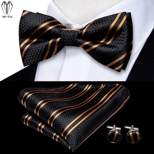 Hi-tie Jacquard Seta Nero Oro a righe Mens Bowtie Papillon per adulti Hankerchief Gemelli Set Uomini pre-legati Farfalla Bowknot