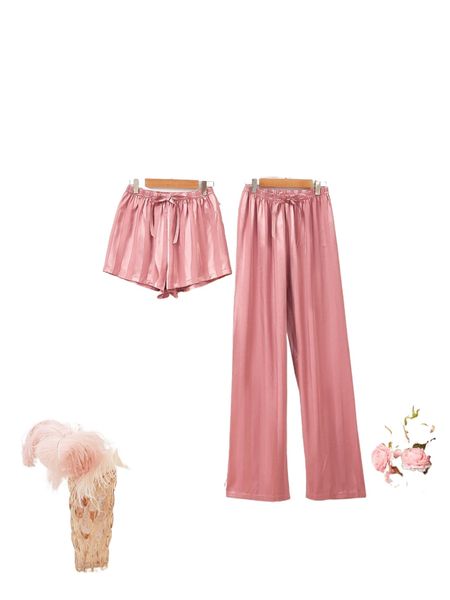 

2pcs striped jacquard tie front sleep shorts & sleep pants t5km#, Black;red