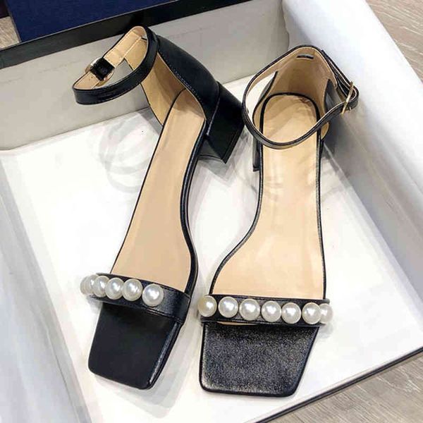 

sandals autumn fairy style square head pearl exposed toe one-way belt buckle leisure fashion thick heel sandals women's shoes, Black