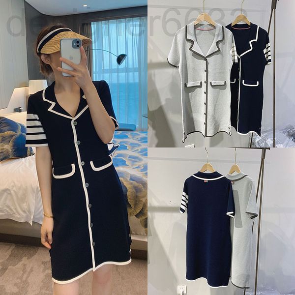 

casual dresses designer summer whine hong kong girl tb knitted skirt versatile slim temperament sweet short sleeve dress women ice linen ski, Black;gray