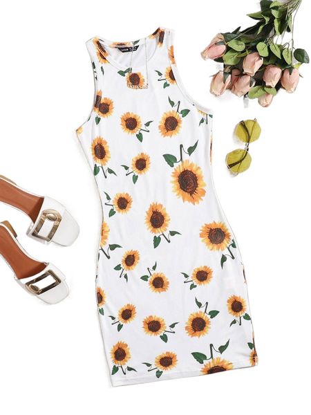 

sunflower print bodycon dress a3zp#, Black;gray