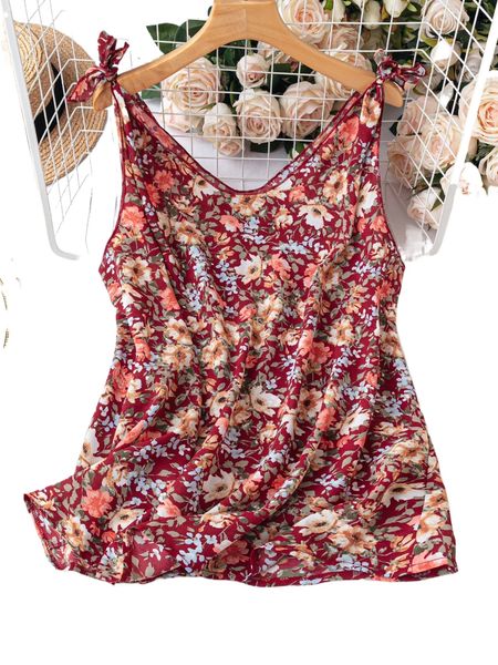 

plus allover floral print tie shoulder blouse d6ph#, Black