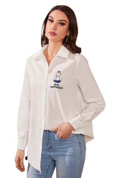 

letter & cartoon graphic button front blouse n5c3#, White