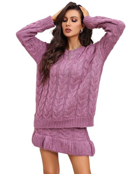 

drop shoulder cable knit sweater & ruffle hem knit skirt b6au#, White;black