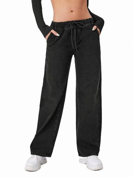 

drawstring waist slant pocket straight leg jeans f1zo#, Blue
