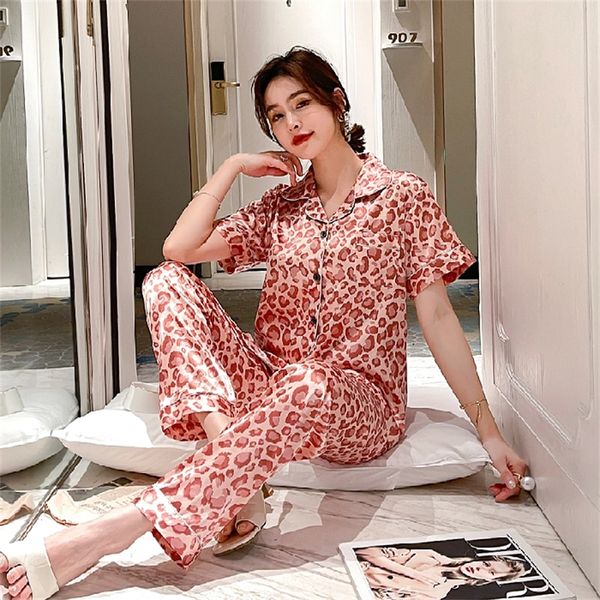 est Seidenpyjama für Damen, süßer Leoparden-Pyjama, elegant, kurzärmelig, lange Hose, Homewear, Damen-Nachtwäsche-Sets 220329