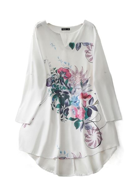 

plus floral print high low hem notched neck blouse v70p#, Black